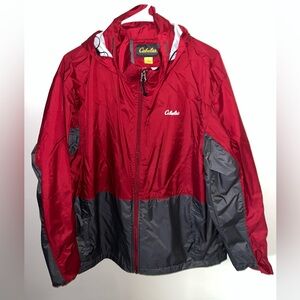 Cabela's Men’s Waterproof  Lightweight Hooded Jacket Red/Gray Size L EUC